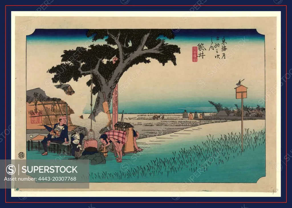 Fukuroi, Ando, Hiroshige, 1797-1858, artist, between 1833 and 1836, printed later, 1 print : woodcut, color., Print shows travelers resting at a rest stop, two are tending to a large teapot, and a porter may be asleep, at the Fukuroi station on the Tokaido Road.