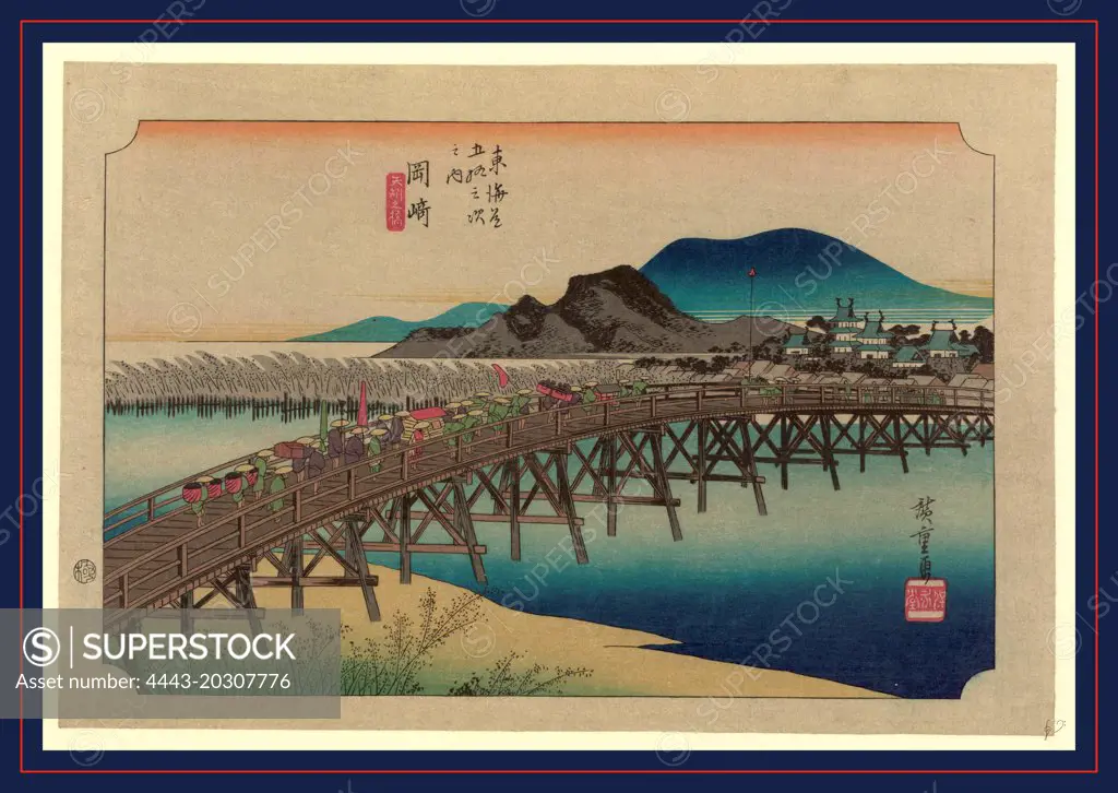 Okazaki, Ando, Hiroshige, 1797-1858, artist, between 1833 and 1836, printed later, 1 print : woodcut, color., Print shows porters and retainers carrying bundles and a sedan chair across the bridge at the Okazaki station on the Tokaido Road.