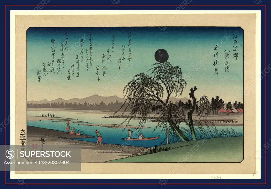 Tamagawa no shugetsu, Autumn moon over Tama River., Ando, Hiroshige, 1797-1858, artist, 1838, printed later, 1 print : woodcut, color., Print shows people on shore and in boats fishing on the Tama River beneath a full moon.