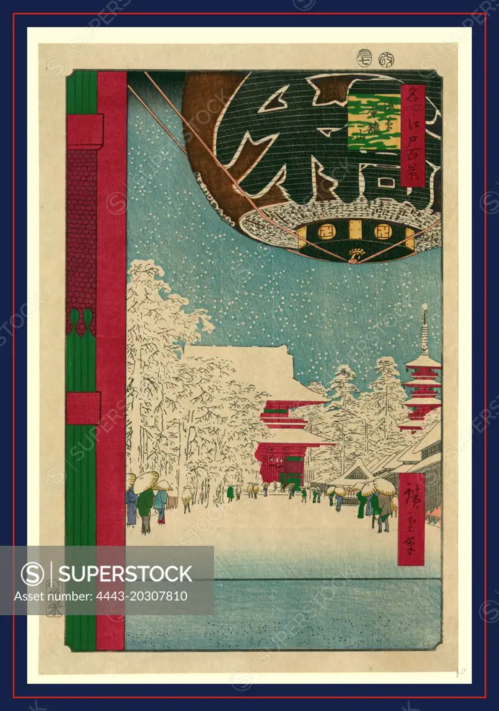 Asakusa kinryuzan, Kinryuzan Temple, Asakusa., Ando, Hiroshige, 1797-1858, artist, 1856., 1 print : woodcut, color., Print shows a large paper lantern hanging in a gateway leading to a snow-covered walkway to the Kinryuzan Temple in Asakusa.