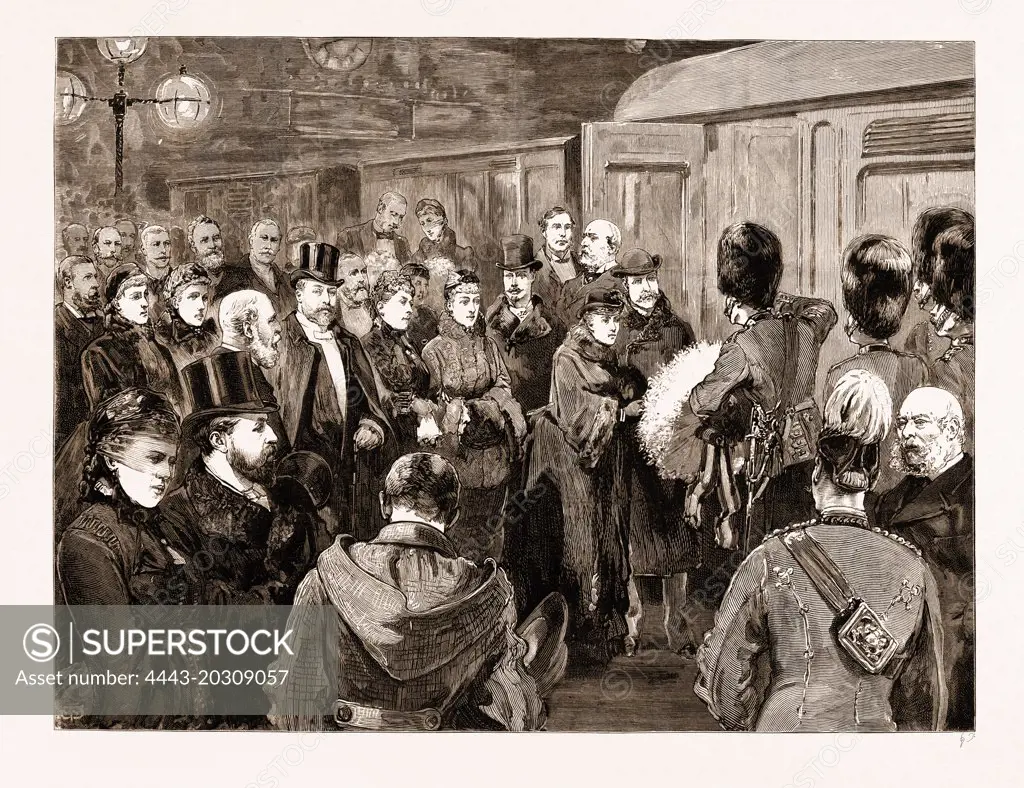 DEPARTURE OF THE DUKE AND DUCHESS OF CONNAUGHT FOR INDIA: SERGEANT-MAJOR PETER SMITH, OF THE FIRST BATTALION SCOTS GUARDS, PRESENTING A BOUQUET FROM THE NON-COMMISSIONED OFFICERS TO THE DUCHESS OF CONNAUGHT AT CHARING CROSS RAILWAY STATION, LONDON, UK, 1883