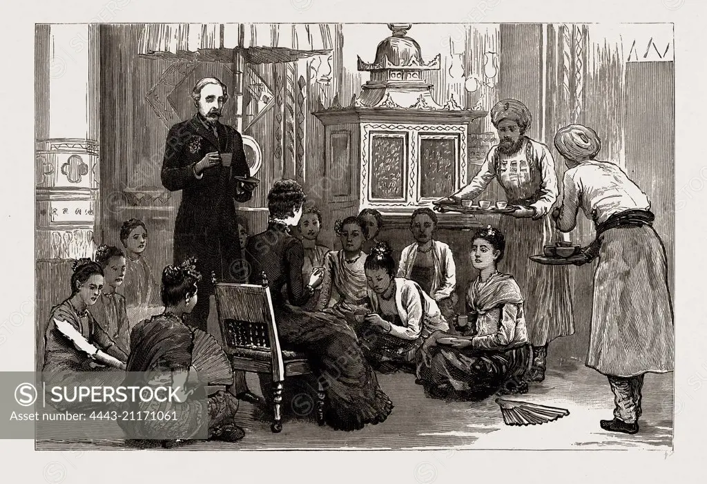 WITH LORD DUFFERIN IN BURMA: LADY DUFFERIN RECEIVES THE BURMESE LADIES AT AFTERNOON TEA IN THE PALACE, MANDALAY, 1886