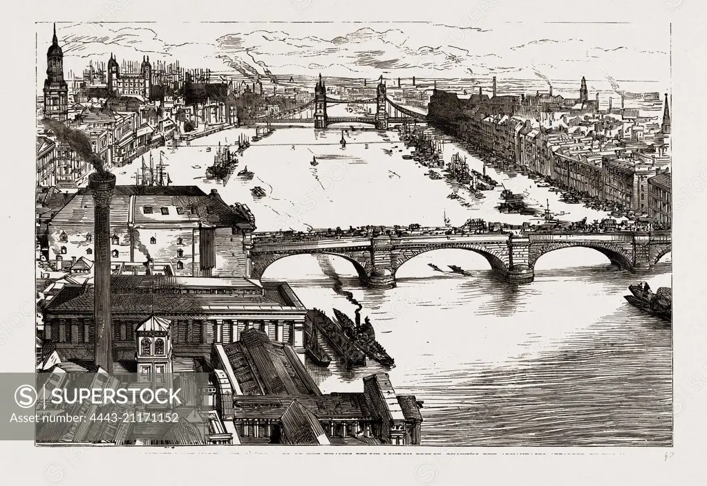 MEANS OF COMMUNICATION BETWEEN THE NORTH AND SOUTH SIDES OF THE THAMES BELOW LONDON BRIDGE, SHOWING THE ADVANTAGES AFFORDED BY THE NEW BRIDGE, LONDON, UK, 1886; A. THAMES TUNNEL. B. TOWER SUBWAY. C. THE NEW TOWER BRIDGE.