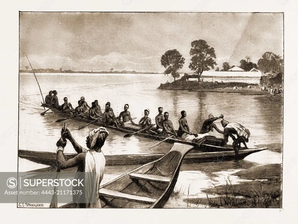 THE ROYAL NIGER COMPANY'S EXPEDITION: EVERYDAY SCENES ON THE RIVER NIGER, 1897: A MARKET CANOE ARRIVING AT ABUTSHI ON THE RIVER BENUE