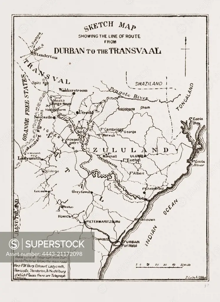 SKETCH MAP SHOWING THE ROAD FROM DURBAN TO THE TRANSVAAL, SOUTH AFRICA, 1881