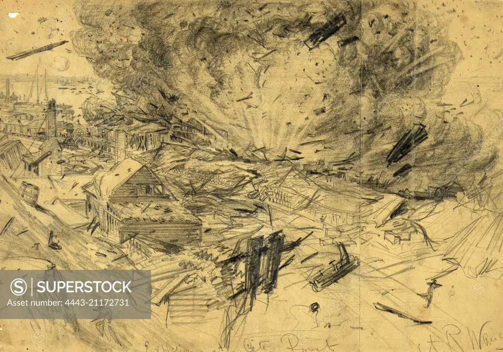 Explosion at City Point, 1864 August 9, drawing on tan paper pencil, 23.2 x 34.0 cm. (sheet), The Alfred Waud American Civil War Sketches Collection, 1862-1865, by Alfred R Waud, 1828-1891, an american artist famous for his American Civil War sketches, America, US