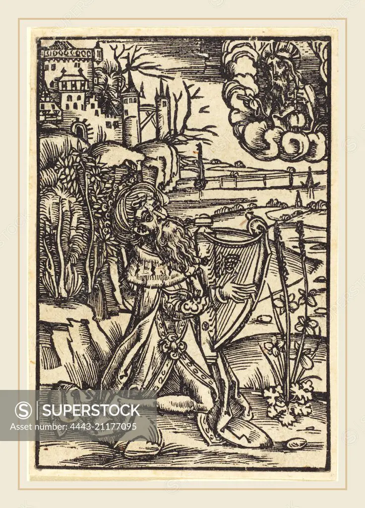 German 15th Century, David Playing the Harp, c. 1500, woodcut