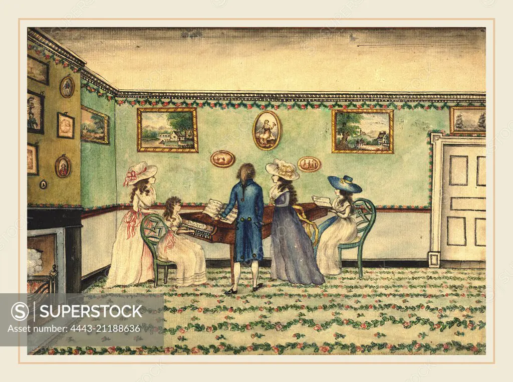 Benjamin Thompson, Harpsichord Recital at Count Rumford's, Concord, New Hampshire, American, 1753-1814, c. 1800, watercolor on laid paper