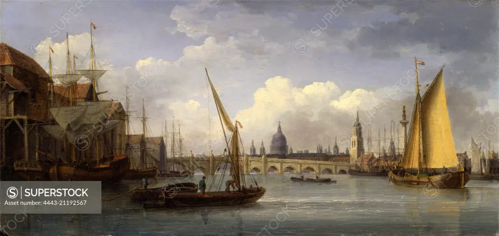 London Bridge, with St. Paul's Cathedral in the distance A View of London Bridge from the East, with St. Paul's Cathedral in the Background, London Signed and dated in black paint, lower center (on boat): "W. Anderson 1815", William Anderson, 1757-1837, British