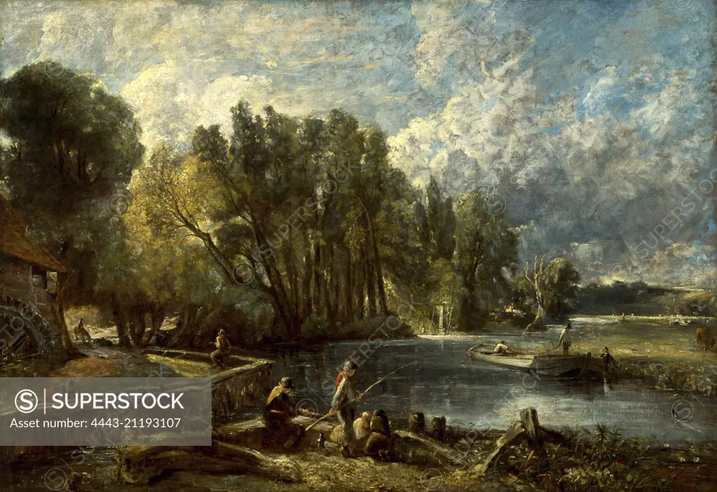 Stratford Mill "The Young Waltonians" Stratford Mill on the River Stour Signed, lower right: "John Constable. R. A. | London", John Constable, 1776-1837, British