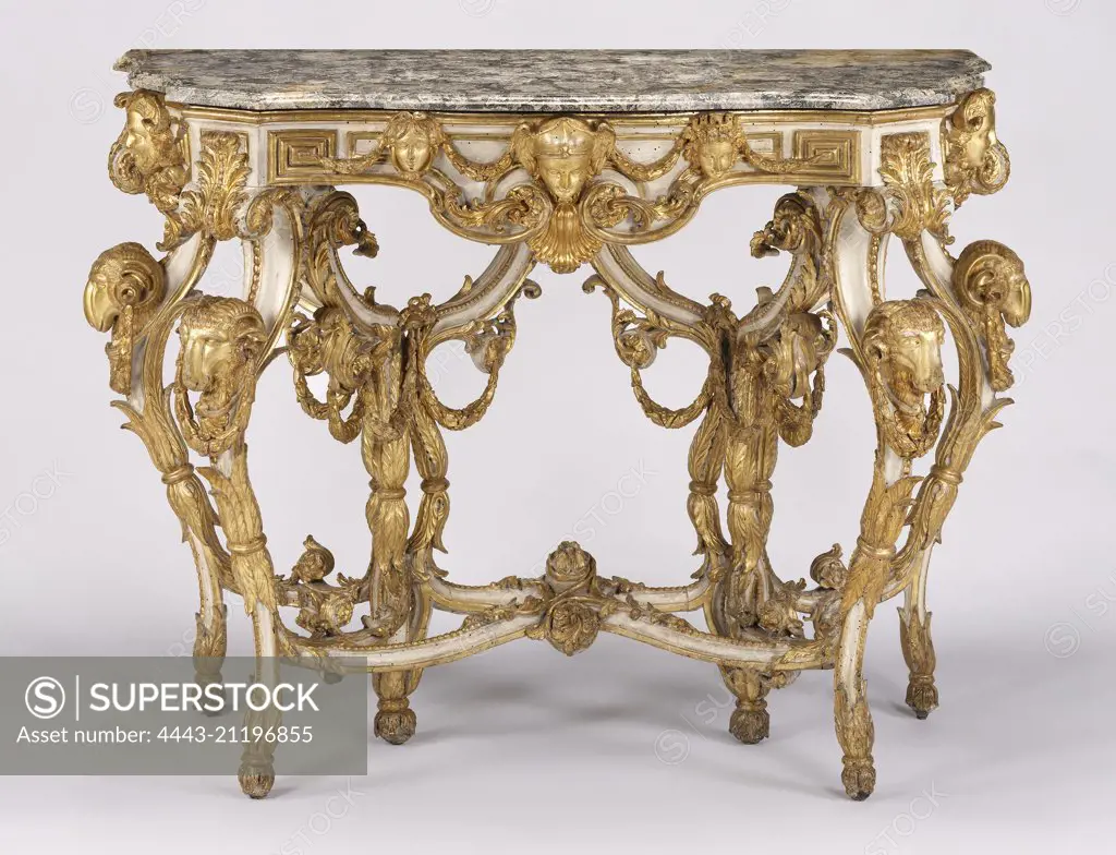 Side Table; Unknown; Italy, Europe; about 1760 - 1770; Carved, painted, and gilded limewood; marble top; Object: H:  104.9 x W:  153 x D:  74 cm (3 ft. 5 5/16 in. x 5 ft. 1/4 in. x 2 ft. 5 1/8 in.)