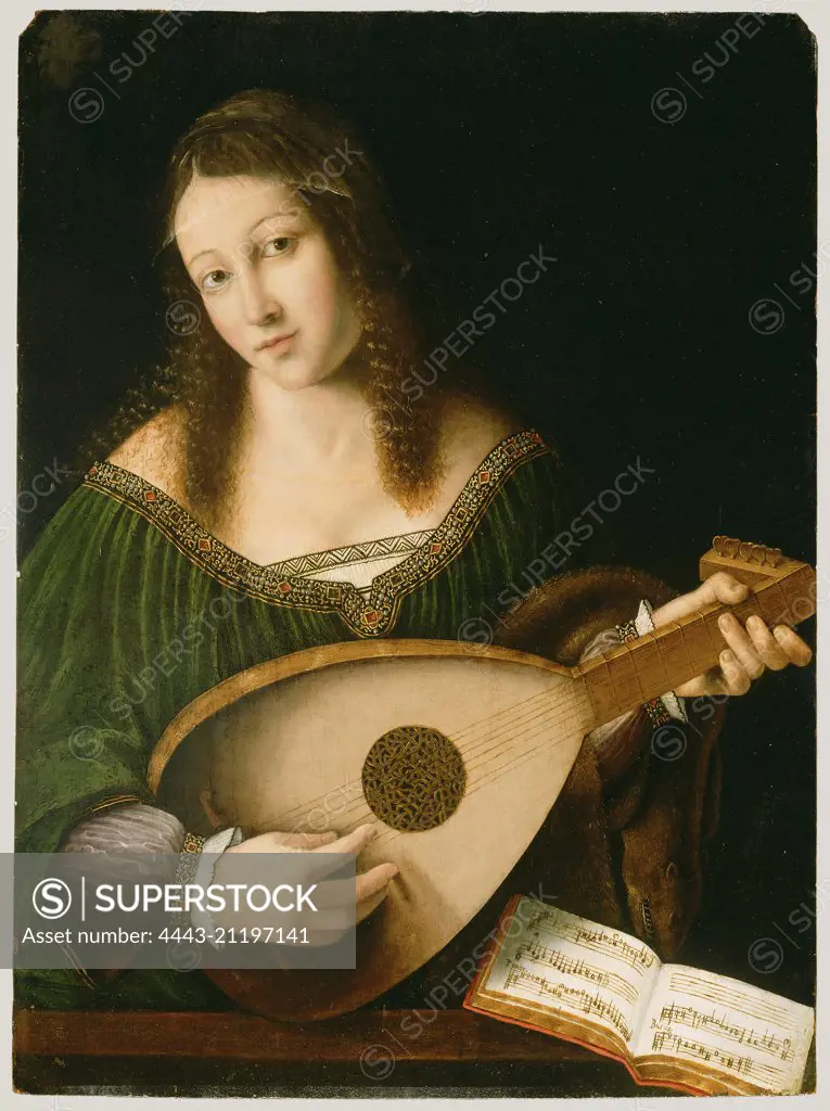 Lady Playing a Lute; Bartolomeo Veneto and workshop, Italian (Venetian), died 1531, active 1502 - 1555; about 1530; Oil on panel; Unframed: 55.9 x 41.3 cm (22 x 16 1/4 in.), Framed: 71.8 x 57.5 x 7 cm (28 1/4 x 22 5/8 x 2 3/4 in.)