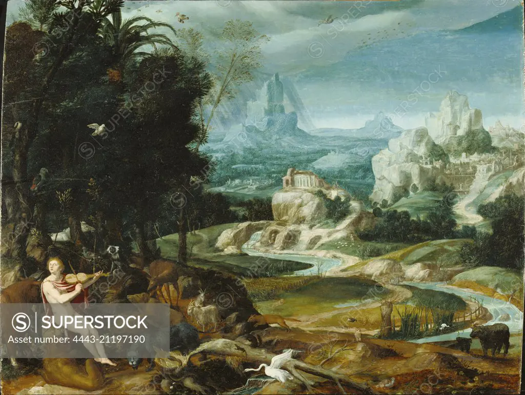 Landscape with Orpheus; Unknown maker, Flemish, 16th century; 16th century, about 1570; Oil on panel; Unframed: 35.6 x 45.7 cm (14 x 18 in.), Framed: 56.5 x 66.7 x 5.7 cm (22 1/4 x 26 1/4 x 2 1/4 in.)