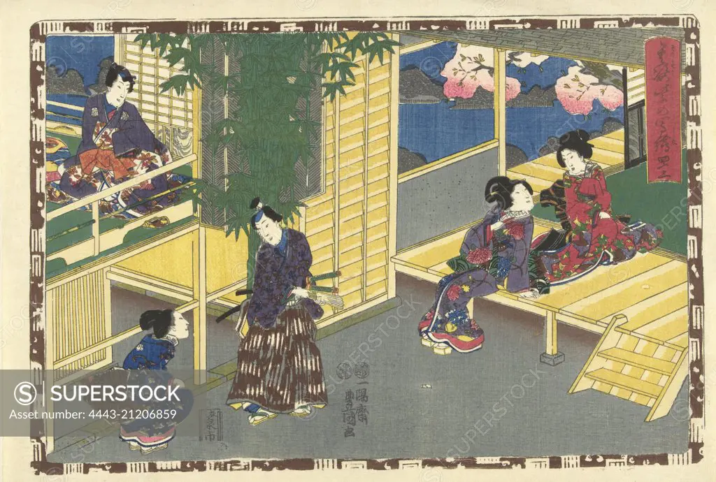 Man talking with squatting woman, behind them a flowering tree and water can be seen, Japanese print, Kunisada (I), Utagawa, Kinugasa Fusajiro, Murata Heiemon, 1851 - 1853