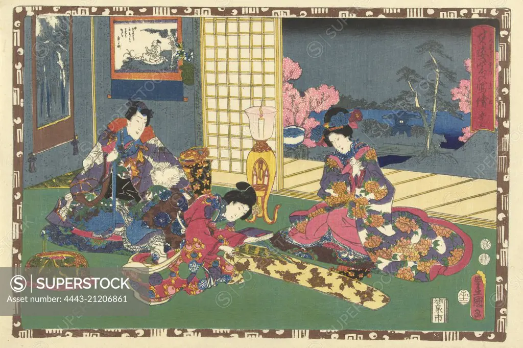 Elegantly dressed man and woman sitting on pillow, looking at woman playing the koto (Japanese stringed instrument); in the background view on a garden with stone lantern and flowering trees, by night, Japanese print, Kunisada (I), Utagawa, Kinugasa Fusajiro, Murata Heiemon, 1852