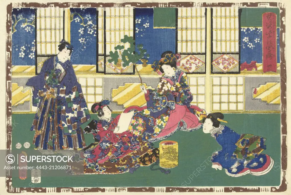 Prince Genji, an elegantly dressed woman and a maid, Japanese print, Kunisada (I), Utagawa, Kinugasa Fusajiro, Murata Heiemon, 1851 - 1853