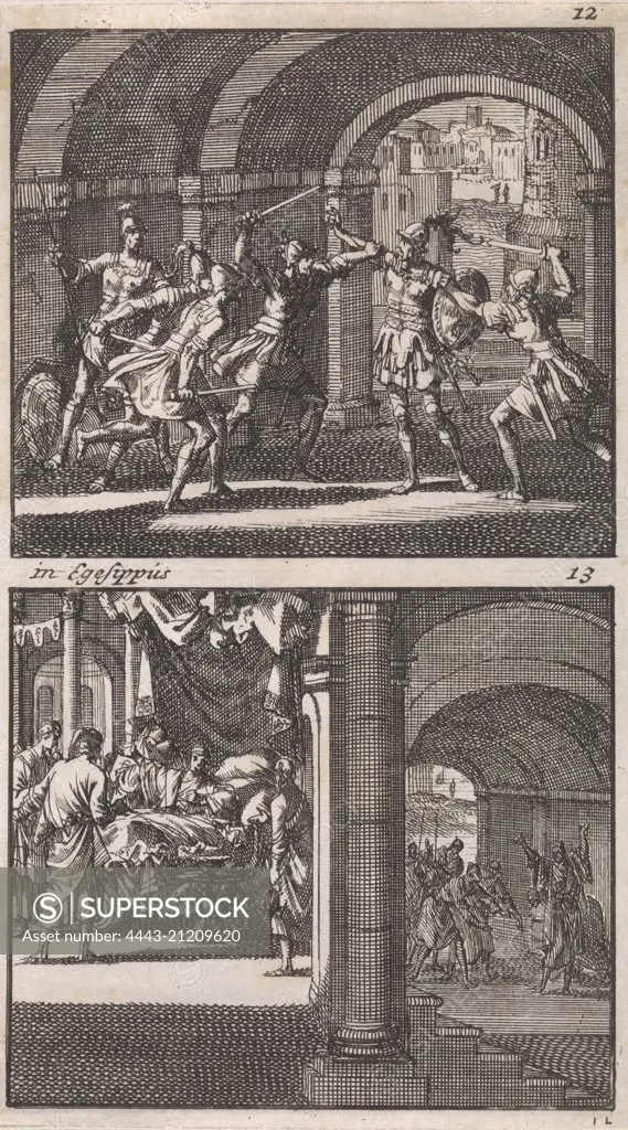 Antigonus is slain at the command of his brother Aristobulus, Death of the king Aristobulus, print maker: Jan Luyken, Barent Visscher, Andries van Damme, 1698