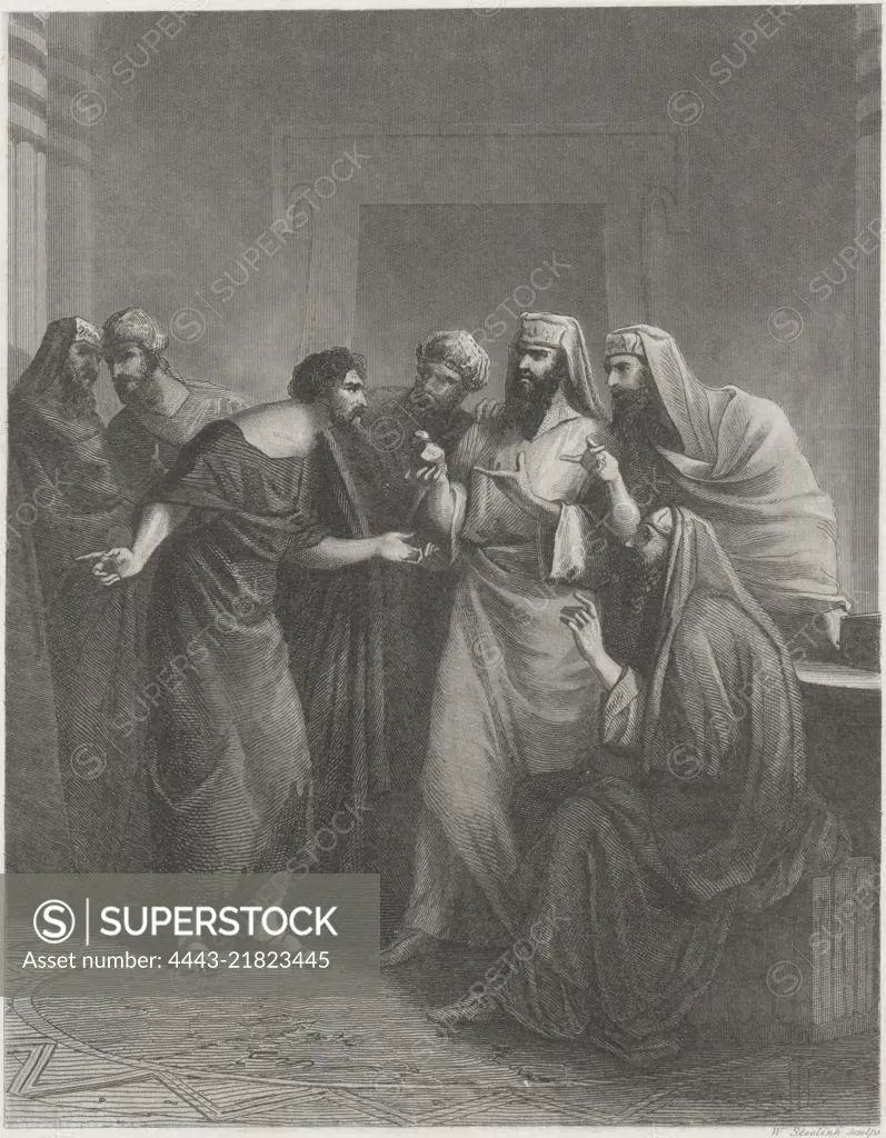 Judas Iscariot negotiating with the high priests One of the high priests offers him a bag of thirty pieces of silver if he will betray Christ, Judas Iscariot Negotiating with the High Priests Judas Iscariot Negotiating with the Chief Priests , print maker: Willem Steelink (I), (mentioned on object), publisher: H.C.A. Campagne, (mentioned on object), Tiel, 1836 - 1913, paper, etching, engraving, h 295 mm × w 214 mm