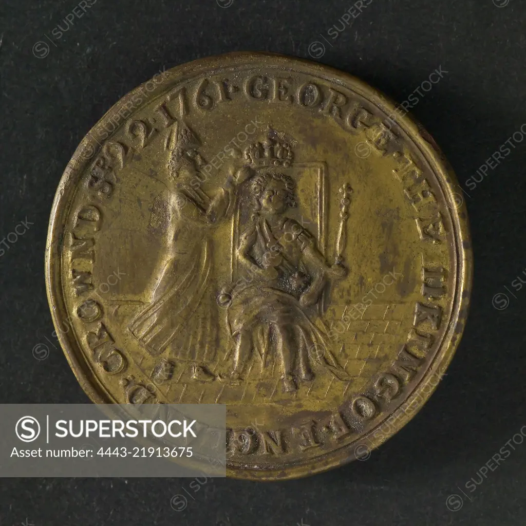 Medal on the coronation of George III of England and his consort, penny footage copper, George III crowned by the archbishop of Canterbury regulation: GEORGE THE III. KING OF ENGLAND. CROWND. SP 22. 1761. George III Great Britain