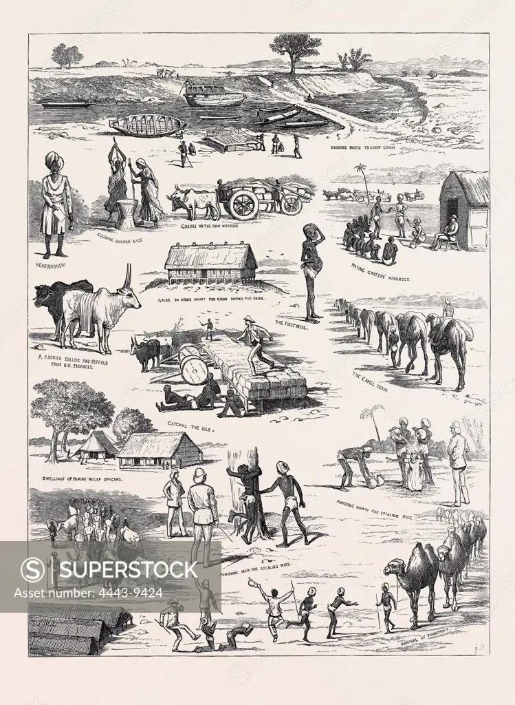 THE INDIAN FAMINE, SKETCHES IN THE AFFECTED DISTRICTS, BY A MEMBER OF THE FAMINE RELIEF STAFF, 1874 engraving