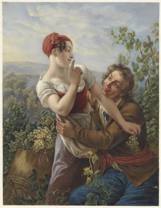 The vineyard owner in love, draughtsman: Johan Heinrich Neuman, after: Peter Paul Joseph Noël, 1829 - 1898, paper, watercolor (paint), brush, height 214 mm × width 165 mm