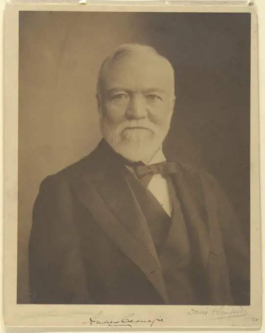 Andrew Carnegie, Photograph on sensitized paper, Bust length photographic portrait of Andrew Carnegie (1835-1919), turned slightly to the right. He wears a bow tie and coat with double lapels., USA, 1908, portraits, Photograph, Photograph