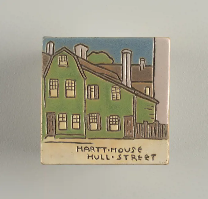 Tile, Paul Revere Pottery, American, 1908 - 1942, Edith Brown, American, b. Canada, 1872-1932, Glazed earthenware, Glazed tile depicting a green three story house in a neighborhood. Underneath the image says: 'Hartt House Hull Street'., Boston, Massachusetts, USA, 1913, tiles, Decorative Arts, Tile