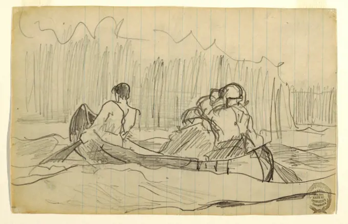 Canoe with Three Men, Winslow Homer, American, 1836-1910, Graphite on paper, Oblique rear view of canoe, heading toward the left, paddled by two men, with a third men sitting in center; indications of turbulent current of a rapids, and of trees in background., Quebec, Canada, 1897, landscapes, Drawing, Drawing