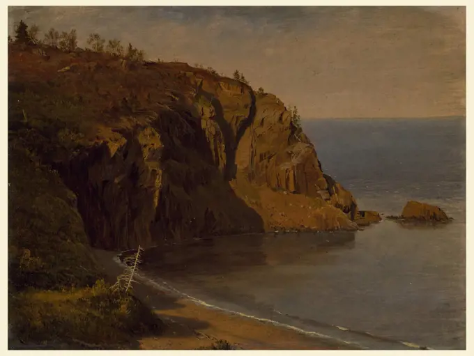 Coast of Grand Manan Island, Canada, Frederic Edwin Church, American, 1826-1900, Brush and oil paint, graphite on paperboard, Coastal scene with a grass covered rocky promontory at left, a small cove in the foreground, and the ocean stretching out toward the horizon, at right., USA, August or September 1851, landscapes, Drawing, Drawing