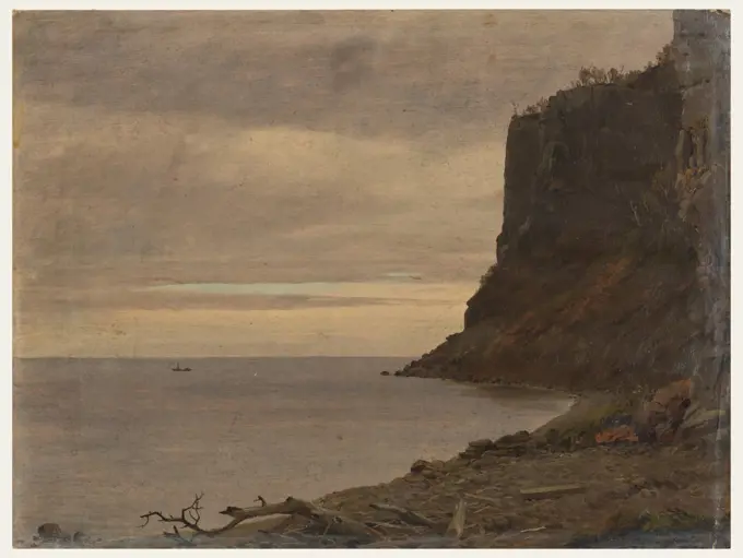 Coast of Grand Manan Island, Canada, Frederic Edwin Church, American, 1826-1900, Brush and oil paint, graphite on paperboard, Dark cliffs at right; small cove with rock and branch-strewn beach in foreground. Gray skies over still water at left. Small boat with a standing figure with what appears to be a dog, at center close to horizon line., USA, August or September 1851, landscapes, Drawing, Drawing