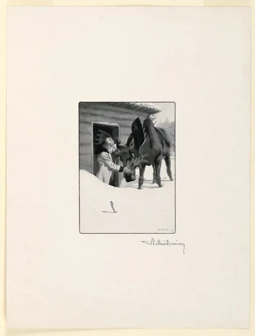 Boy with a Moose, Arthur Henry Howard Heming, American, b. Canada, 1870-1940, Ink on paper, Trial proof for illustration. Boy standing at the door of a log cabin in deep snow, stroking the head of a moose., USA, 1900, animals, Print, Print