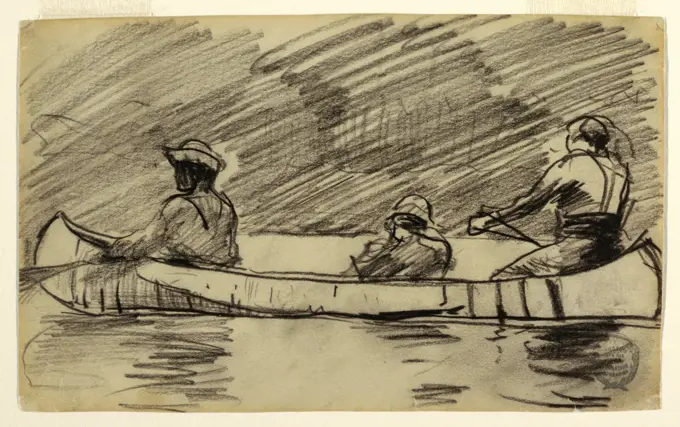 Canoe with Three Men, Winslow Homer, American, 1836-1910, Crayon on paper, Sketch of three male figures in a canoe., Quebec, Canada, 1897, landscapes, Drawing, Drawing