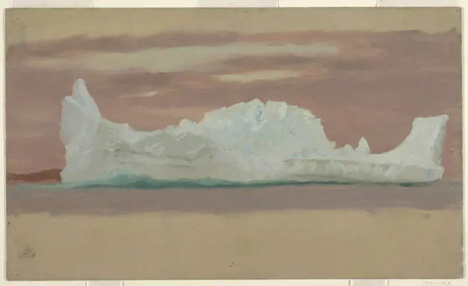 Floating Iceberg Under Cloudy Skies, Newfoundland, Frederic Edwin Church, American, 1826-1900, Brush and oil paint, graphite on cardboard, Seascape depicting a long iceberg shaped like a fish. High bottom and top margin showing brownish grounding color., Newfoundland and Labrador, Canada, July 1859, seascapes, Drawing, Drawing