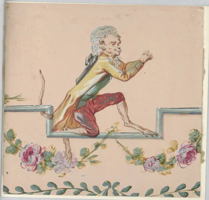 Male Monkey, Straddling Frame in Prayer, Brush and gouache over graphite on thin board, A singerie, a work from the visual arts genre characterized by depictions of monkeys imitating human behavior, often fashionably attired. A male monkey is depicted in Rococo dress, consisting of red breeches, a green waistcoat, a yellow coat, and a grey wig. He appears in the center of the composition, in profile facing right against a peach-colored background. He straddles a portion of a blue-green-colored frame and raises his hands in prayer. Pink floral garlands and green leaves appear beneath him., France, late 19th century, costume & accessories, Drawing, Drawing