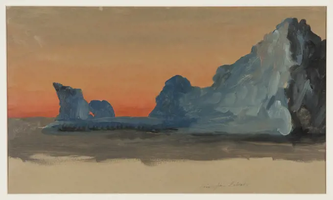 Icebergs at Midnight, Labrador, Frederic Edwin Church, American, 1826-1900, Brush and oil paint on paperboard, A loosely painted large blue iceberg is highlighted at right, while a smaller blue iceberg lurks slightly behind the other in dark blue waters. The vibrant red sky fades into the cream colored ground, a large margin of which can be seen at the bottom., Newfoundland and Labrador, Canada, June-July 1859, seascapes, Drawing, Drawing