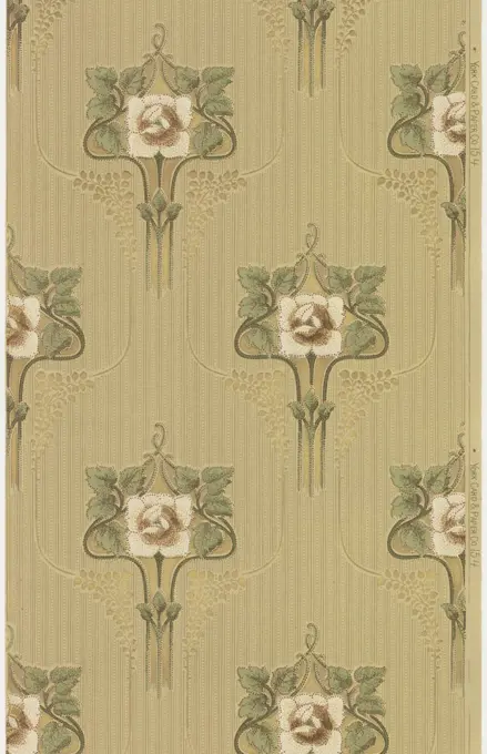 Sidewall, York Card & Paper Co., 1891, Machine-printed paper, liquid mica, Art nouveau / mission style. Large singular white stylized flowers with stem and leaves loosely outlined in a metallic gold line with large bunches of foliage. Background of monochromatic stripes and dots or beading. Printed in greens, browns, tan, white, maroon and metallic gold on light brown-green ground. Printed in right selvedge: 'York Card & Paper Co.' pattern number '154'., York, Pennsylvania, USA, 1905-1915, Wallcoverings, Sidewall