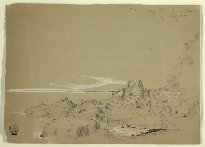 Rocky Coast, Grand Manan, Canada, Frederic Edwin Church, American, 1826-1900, Black crayon, brush and white gouache on brown paper., Horizontal view of the rocky coast shown at right forming a cove with a sailboat in the middle distance., Canada, August 1851, seascapes, Drawing, Drawing