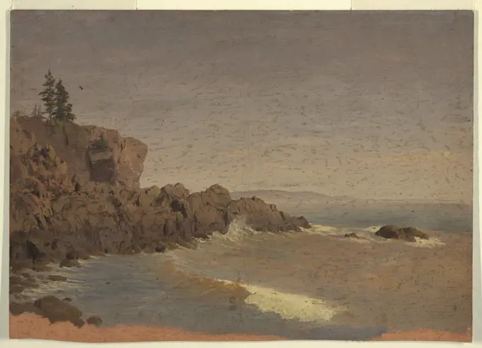 Grand Manan Island, Canada, Frederic Edwin Church, American, 1826-1900, Brush and oil on cardboard with brown back, The coast protrudes in the left middle plane. A hilly coastline is shown in the right background. The dark orange ground color is shown at the bottom., USA, ca. 1850, landscapes, drawing, drawing