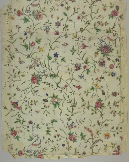 Fragment, Medium: pineapple fiber (warp); silk (weft); tempera Technique: printed and painted on gauze, Cream-colored ground with slender intersecting serpentine stems and blossoms of various types and colors, some tied with ribbons in red, dark pink, green, blue, brown, purple, yellow, gray and iridescent paint., China, late 18th-early 19th century, printed, dyed & painted textiles, Fragment