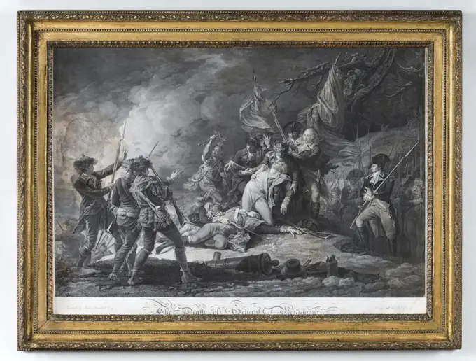 Artist: Johan Frederik Clemens, Danish, 1748-1831, After: John Trumbull, American, 1756-1843, Death of General Montgomery in the Attack onQuebec, Published1798, Engraving, 69.85 × 91.44 cm (27 1/2 × 36in.), Made in Germany, Depicted Québec, Canada, German, 18th-19thcentury, Works on Paper -Prints