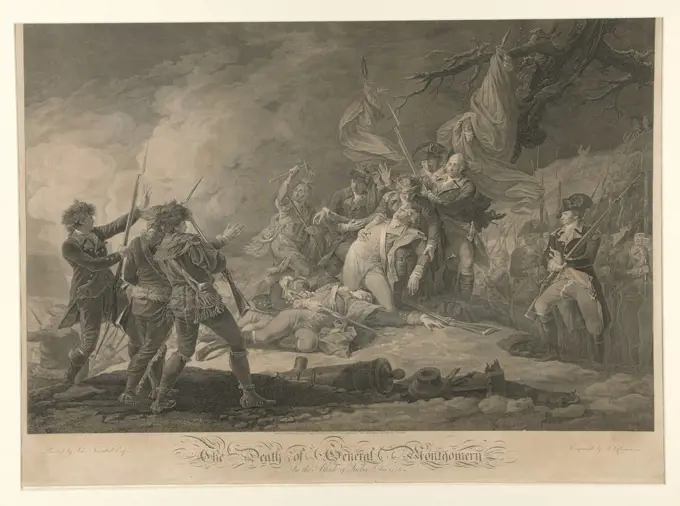 Artist: Johan Frederik Clemens, Danish, 1748-1831, After: John Trumbull, American, 1756-1843, Death of General Montgomery at the Attack atQuebec, Engraving, framed and glazed, 50.8 × 76.2 cm (20 × 30 in.), Made in Germany, Depicted Québec, Canada, German, 19thcentury, Works on Paper -Prints