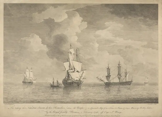 The Taking of the Nuestra Senora de los Remedios, Print made by John Boydell, 1720-1804, British, after Charles Brooking, 1723-1759, British, Published by John Boydell, 1720-1804, British, 1753, Etching and line engraving on moderately thick, moderately textured, beige laid paper, Sheet: 13 7/16 × 18 5/8 inches (34.2 × 47.3 cm) and Image: 11 5/16 x 17 5/8 inches (28.8 x 44.8 cm), attacking, battle, cannons (artillery), capture, conflict, flags, galleons, marine art, men, men-of-war, navies, privateers, Royal Navy, sails, sea, seamen, ships, Spanish, Canada, Cape St. Mary's, Newfoundland, North and Central America