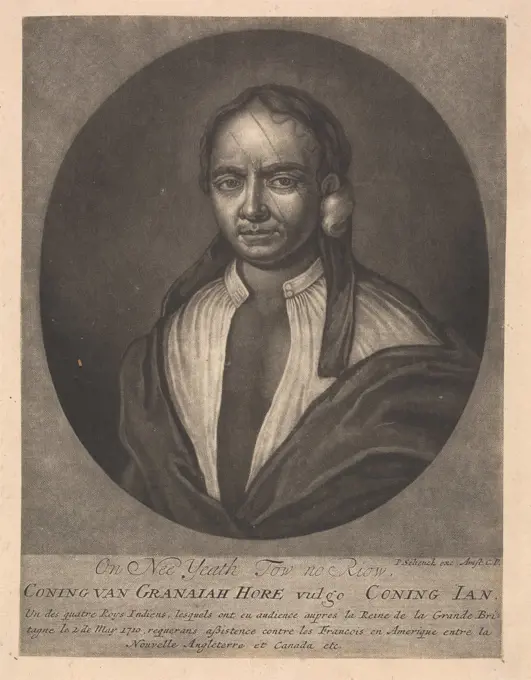 Portraits of Four Indian Kings of Canada: On Nee Yeath Tow no Riow, Pieter Schenck, 1660-1719, Dutch, after John Faber the Elder, ca. 1660-1721, British, OR John Faber the Younger, ca. 1695-1756, Netherlandish, active in Britain, 1710, Mezzotint, Sheet: 10 x 7 5/8in. (25.4 x 19.4cm)