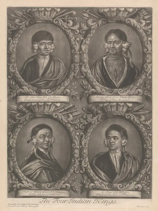 Portraits of Four Indian Kings of Canada: The Four Indian Kings, Bernard Lens, 1659-1725, British, after Bernard Lens III, 1682-1740, British, 1710, Mezzotint; four oval busts on one sheet, each with an elaborate frame, incorporating a feathered crown and crossed weapons above., Sheet: 17 13/16 x 11 3/8in. (45.2 x 28.9cm)