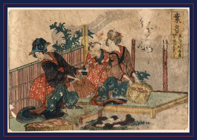 Kuwana, Katsushika, Hokusai, 1760-1849, artist, 1804., 1 print : woodcut, color ; 11.3 x 16.6 cm., Print shows two woman and a child with baskets of eggs or colored stones.