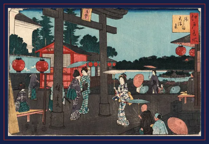 Yushima tenmangu, Tenman shrine at Yushima., Ando, Hiroshige, 1797-1858, artist, 1854., 1 print : woodcut, color ; 24.1 x 36 cm., Print shows people, mostly women, children, and elderly persons, near the torii at the entrance to the Tenman Shrine in Yushima.