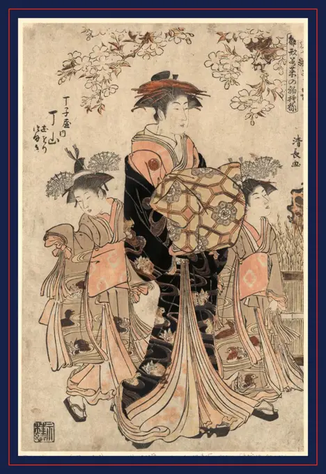 Chojiya uchi chozan, The courtesan Chozan of Chojiya., Torii, Kiyonaga, 1752-1815, artist, 1783., 1 print : woodcut, color ; 37.7 x 24.9 cm., Print shows Chozan, a courtesan, with two young female attendants.