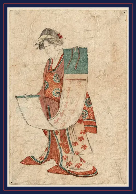 Ne no ji no kakejiku o motsu musume, Beauty holding a calendar scroll for the year of the rat., 1804., 1 print : woodcut, color ; 13 x 8.6 cm., Print shows a woman holding a calendar scroll.