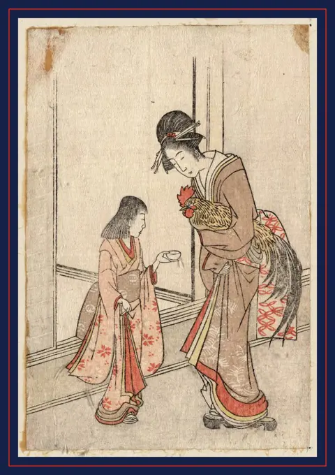 Onagadori o motsu onna to kamuro, Woman holding a rooster accompanied by a young attendant., 1801., 1 print : woodcut, color ; 13.1 x 8.7 cm., Print shows a woman holding a rooster to which a young female attendant offers a cup of water.