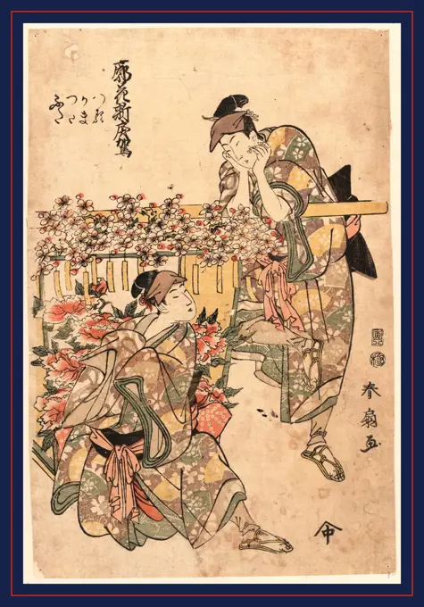 Kuruwa no hana shin modorikago, Flower cart for a new Modorikago dance., Katsukawa, Shunsen, 1762-approximately 1830, artist, 1806., 1 print : woodcut, color ; 34.5 x 22.8 cm., Print shows two men standing next to a flower cart.